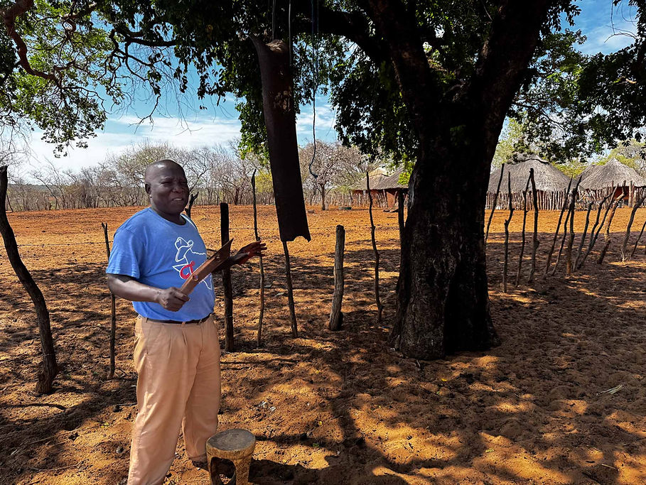 Mr. Mpala demonstrates how meetings are called in Monde. The number of times he hits the gong indicate when the meeting will be and what it is for. The "village telephone" as he called it.